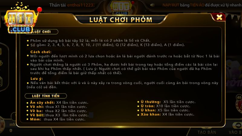 Mỗi ván đấu Phỏm Hitclub có từ 2 đến 4 người tham gia